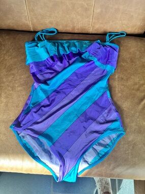 Vintage Striped One-Piece Swimsuit in Teal & Purple